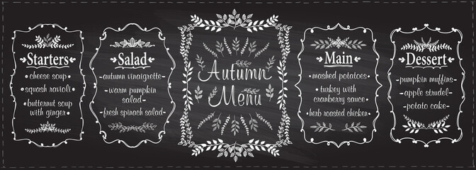 Autumn season chalk menu set - starters, salad, main and dessert