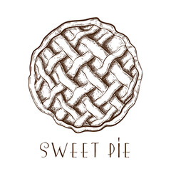 hand drawn apple pie, tart or cake top view isolated on white. engraved traditional ink drawn pastry sketch. illustration of sweet tasty dessert with fruit or berry filling. holiday fall pie.