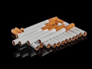 row filter cigarettes on a black glossy background.