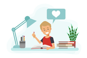 Happy Boy studying with a book at home. Vector illustration of flat cartoon character.