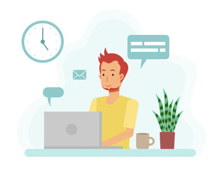 Home office concept, man working from home with laptop. vector flat cartoon character