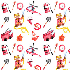 pattern about firefighters with a fire truck, helicopter, fire extinguisher, for children's textiles, wallpaper, toys