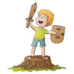 Boy with sword and shield from paperboard. Hand drawn vector illustration with separate layers.