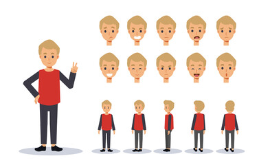 Vector illustration set of children boy wear casual clothing character in various action. emotion expression. Front, side, back view animated character.