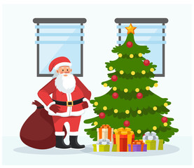 Merry christmas and a happy new year. Santa claus drop presents at christmas tree. Vector illustration flat character cartoon style.