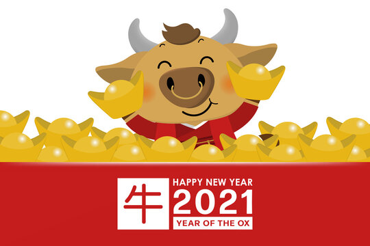 Happy Chinese new year greeting card. 2021 Ox zodiac. Cute cow and gold money. Animal holidays cartoon character. Translated: oxr. -Vector