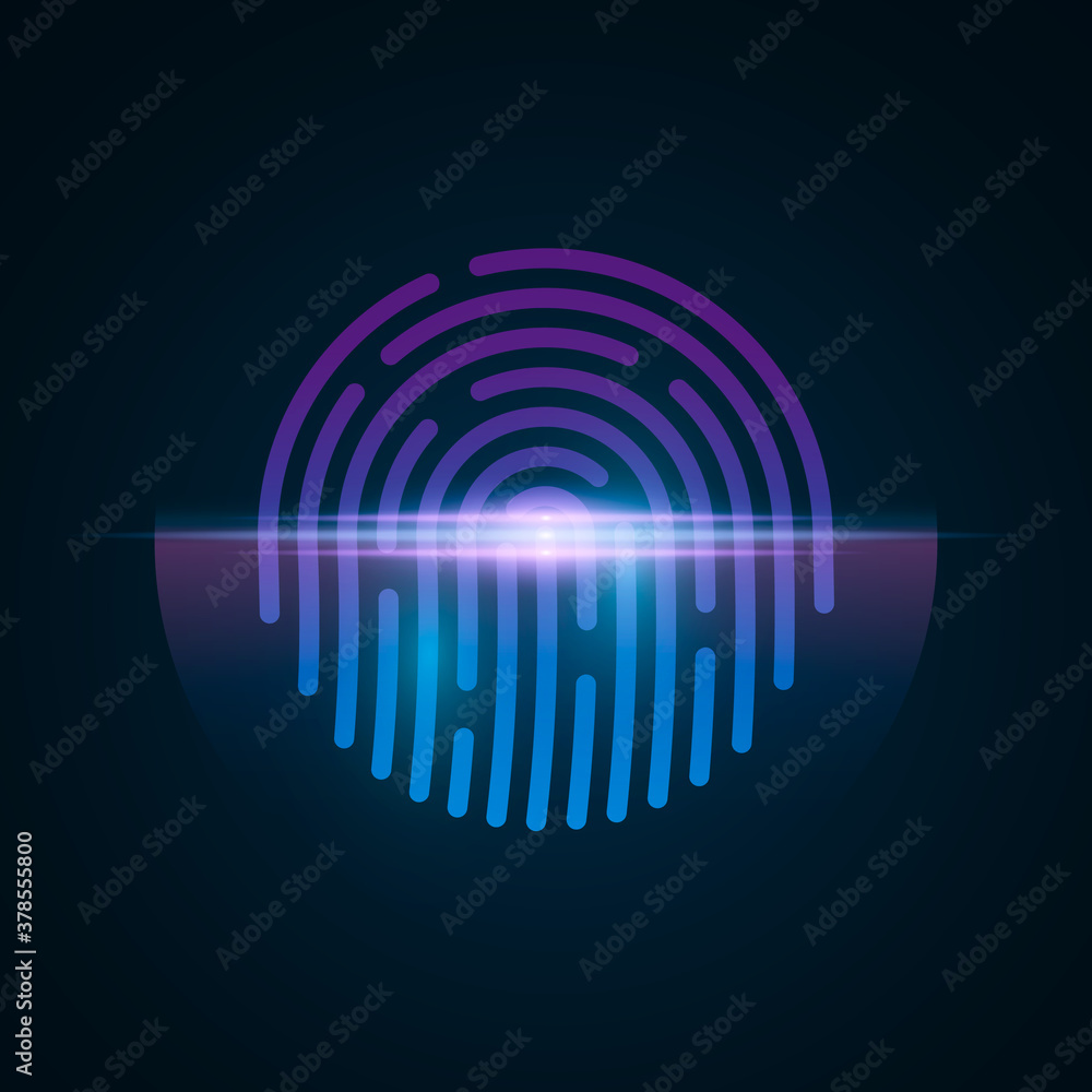 Poster fingerprint for computer system security with neon scan. high-tech purple and blue padlock. laser sc