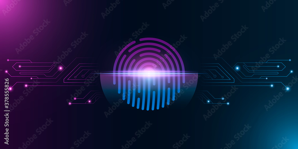 Poster fingerprint for computer system security with neon scan. futuristic purple and blue padlock. laser s
