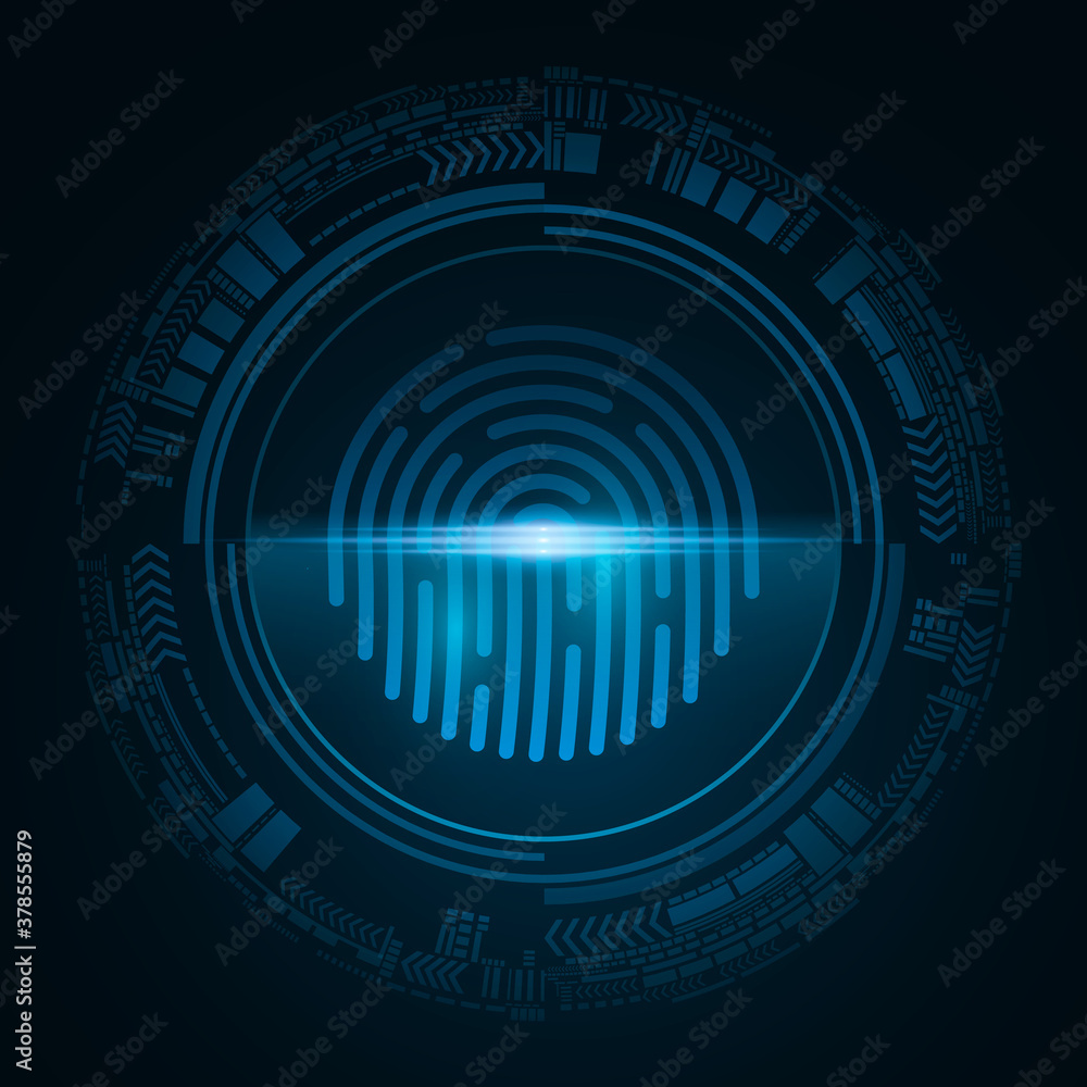 Poster fingerprint for computer system security with neon scan. futuristic blue padlock button with hud int
