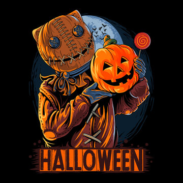 halloween sack masked man carrying pumpkin and candy