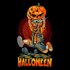 cute halloween zombies running with pumpkin