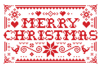 Merry Christmas vector greeting card pattern in red on white background - Scandinavian knnitting, cross-stitch design
