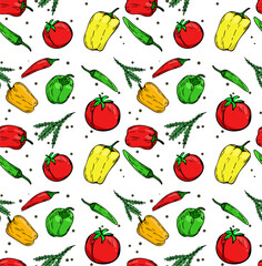 Pepper, paprika and tomato seamless pattern. Background with food. Template for packaging, paper, cooking, vector illustration