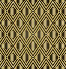 Geometric abstract vector hexagonal background. Geometric modern ornament. Seamless modern black and golden pattern