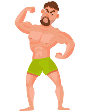 Man showing his muscles. Strong male character in cartoon style.