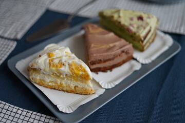 Vegane Kuchen Torten Stücke Matcha Schokolade Mandarine