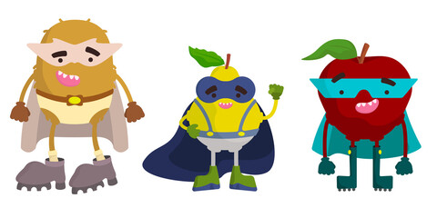Set of superhero fruits. Kiwi, pear and apple in cartoon style.