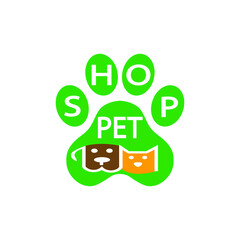 Sticker icon for the shop. Animal store advertisement. Dog and cat on the background of the trace of a paw.