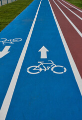 Blue bike path on the way.