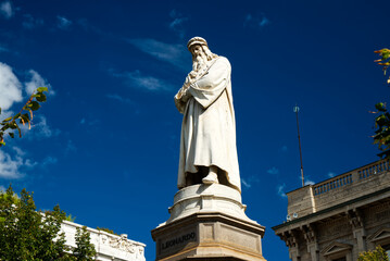 Statue of Leonardo Da Vinci in Milan beautiful weather well lit
