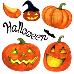 Halloween pumpkins set - decoration for halloween party (Jack  O'Lantern). Watercolor colorful pumpkins and black-white 

lettering word Halloween.Isolated elements on white background.