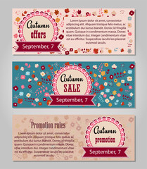 Set template card with flowers, fall sales, vector illustration