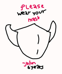 Please wear a mask child drawing poster. Hand-drawn doodle illustration. Mask to protect the children from virus, bacteria, dust concept