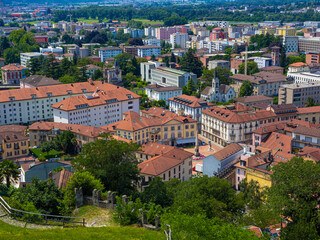 Fototapeta na wymiar the pleasant old town of bellinzona taken from the castle on the surrounding hills.canton Ticino, Switzerland