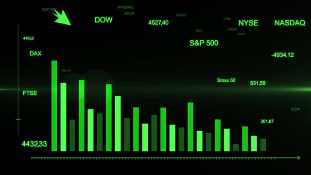 Financial chart with falling down arrow. Futuristic green arrow decreasing graph