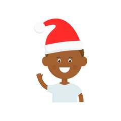 Happy cartoon african boy with Santa hat illustration. Cute Christmas child with raised hands vector. Holidays concept isolated on white background.