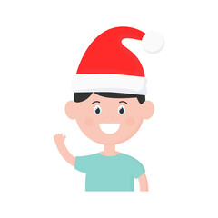Happy cartoon boy with Santa hat illustration. Cute Christmas child with raised hand vector. Holidays concept isolated on white background. 