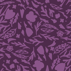 Forest botanic silhouettes seamless doodle pattern. Purple tones dark stylized artwork.