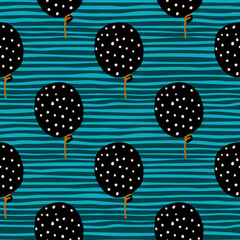 Black balloons elements with yellow dots seamless pattern. Blue stripped background. Holiday fun artwork.