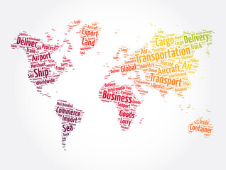 Fototapeta na wymiar Transportation word cloud in shape of world map, business concept background