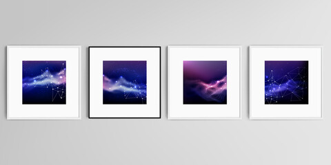 Realistic vector set of square picture frames isolated on gray background. Digital data visualization, polygonal science dark background.