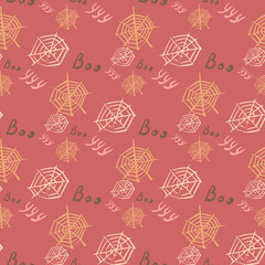 White outline spider web seamless pattern. Halloween spooky artwork on light red background.