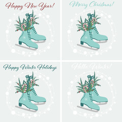 Holiday winter skating banner set. Figure skates. Lettering Hello Winter, Merry Christmas, Happy New Year. Set of winter cards, posters. New year style, holidays vibes. Winter sport and recreation