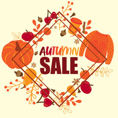 Autumn Sale cute banner flat vector cartoon illustration with fall leaves, autumn typography and Discount Sale text.Knitted sweater,pumpkin, pumpkin latte,cinnamon,apple,acorn,pear,clove,spice,foliage