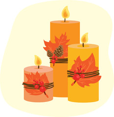 Three autumn handmade candles with maple leaves, pitch pine tree cones and berries flat vector cartoon illustration.Cozy hygge style. Warm autumn mood.Cute flat cartoon vector illustration.Fall vibes.