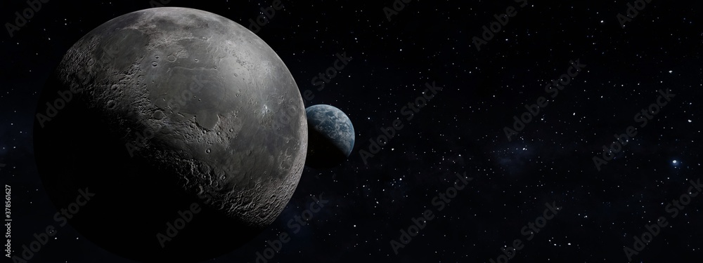 Wall mural 3d render of a panoramic earth globe on the galaxy background with moon infront close to framing. el