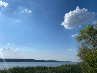 Landscape. Beautiful landscape of wild nature. View to the horizon from the shore of the lake. River landscape of sky, water and green trees. Horizontal, Cropped Shot, Mobile Shot
