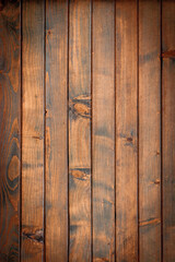 Organic building. Timber plank surface wall for vintage grunge wallpaper. Dark grain panel board...