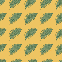 Green foliage ornament seamless doodle pattern. Orange background. Simple botanic backdrop.