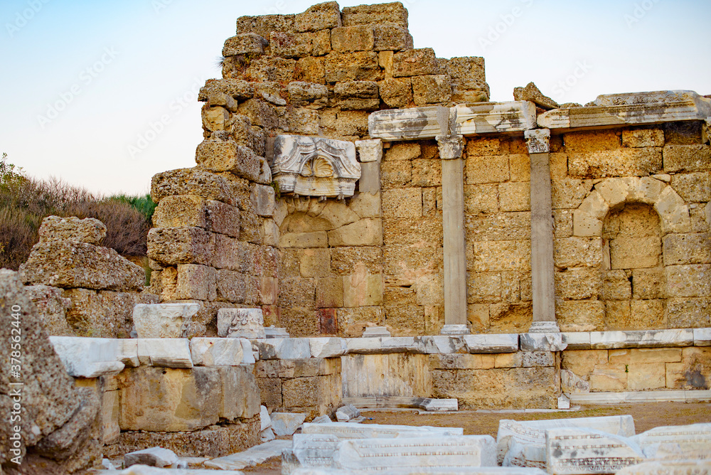 Wall mural ruins in the center of the ancient town in side in turkey