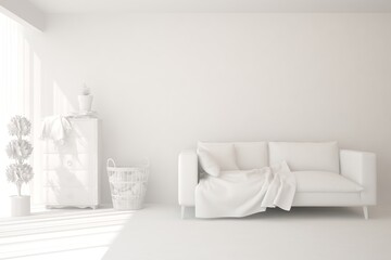 White minimalist living room with sofa. Scandinavian interior design. 3D illustration