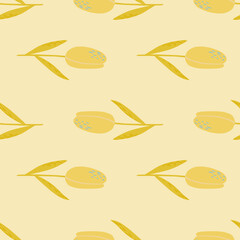 Yellow tulip silhouettes seamless doodle pattern. Hand drawn flowers ornament on light pastel background.