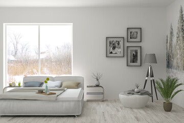 White bedroom interior. Scandinavian design. 3D illustration