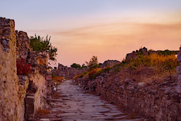 Ruins in the center of the ancient town in Side in Turkey