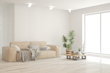 White living room with sofa. Scandinavian interior design. 3D illustration