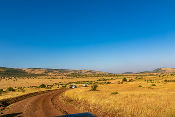 Fototapeta na wymiar ケニアのマサイマラ国立保護区に広がる、道周辺の野原と青空